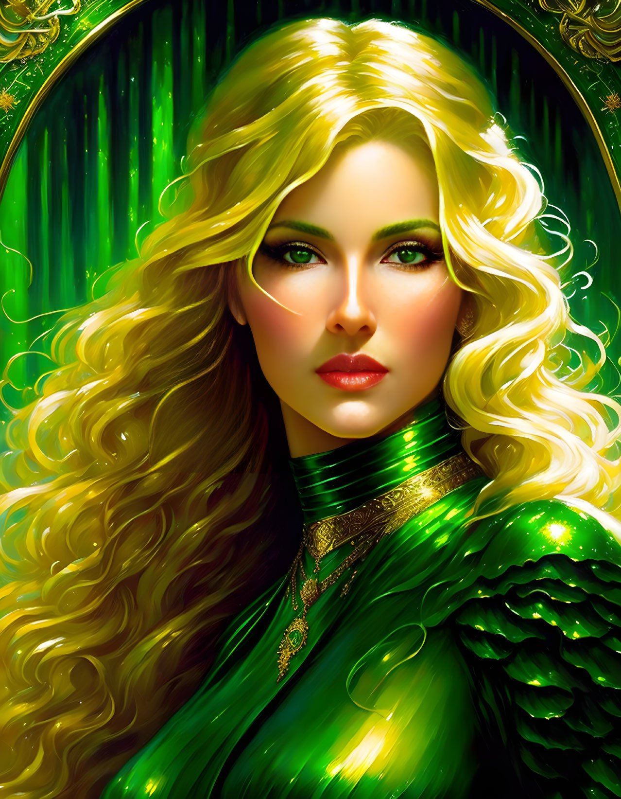 Digital illustration of woman with long blonde hair, green eyes, in green scale-like armor.