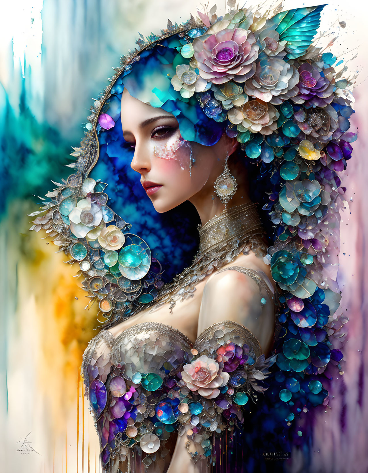 Colorful fantasy portrait of woman with vibrant feather headdress