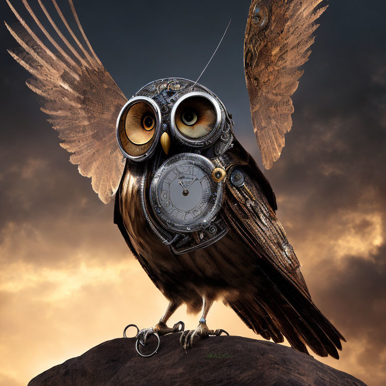 Steampunk owl with clock eyes on rock under dramatic sky