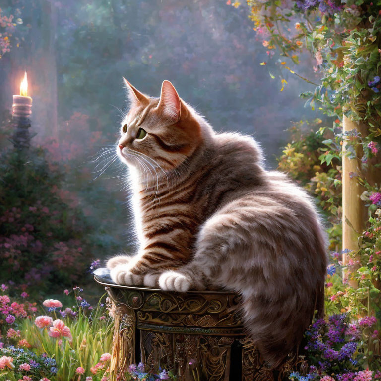 Fluffy tabby cat on ornate pedestal in colorful garden with lantern