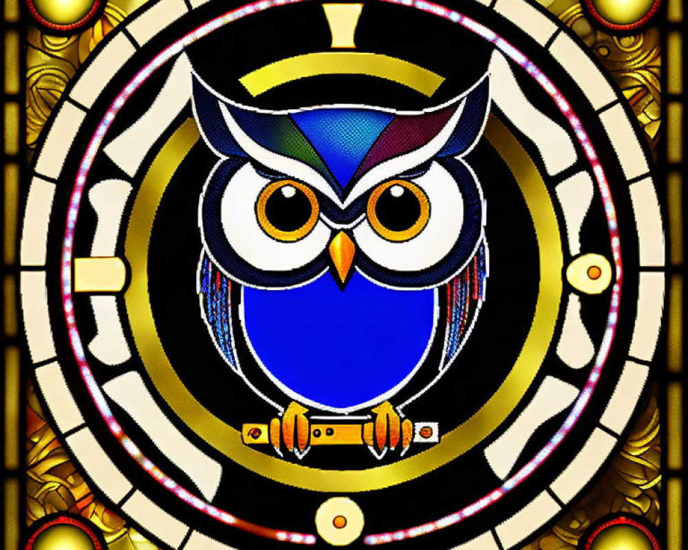 Colorful Owl in Intricate Stained Glass Window