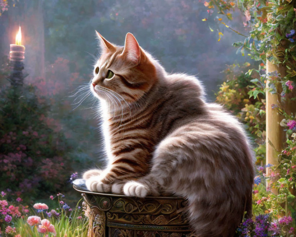 Fluffy tabby cat on ornate pedestal in colorful garden with lantern