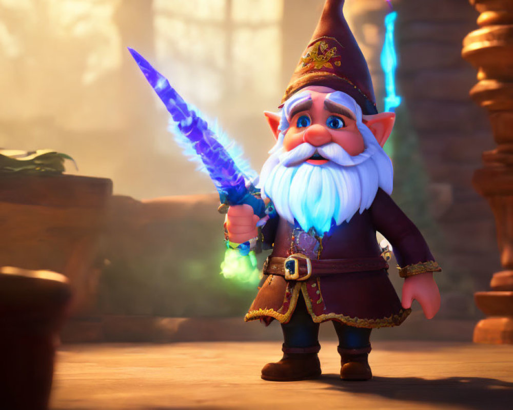 Fantasy gnome warrior in 3D with white beard, crystal sword