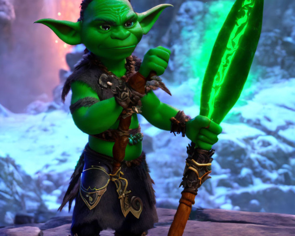 Green goblin with luminescent sword by icy waterfall