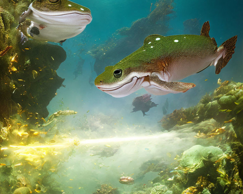 Speckled fish swimming in underwater vegetation with sunlight filtering through.