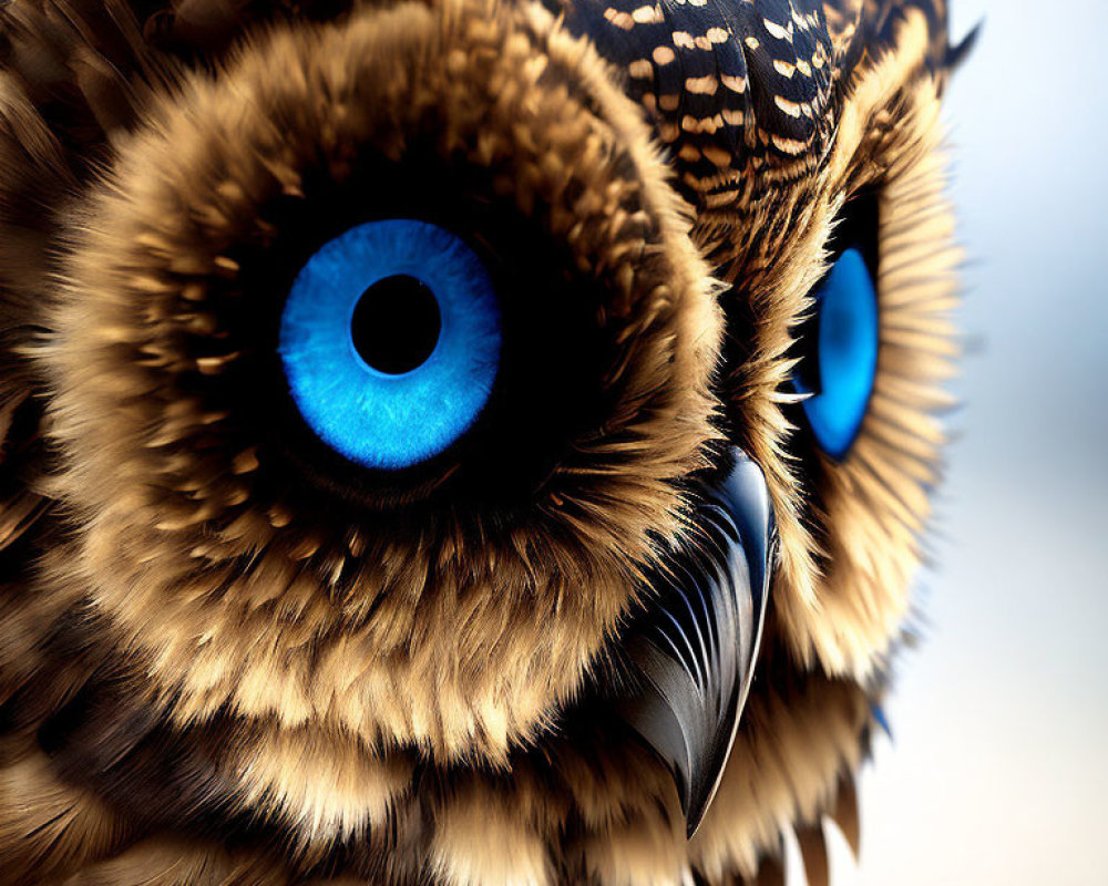 Detailed Close-Up of Owl with Striking Blue Eyes & Brown Feathers