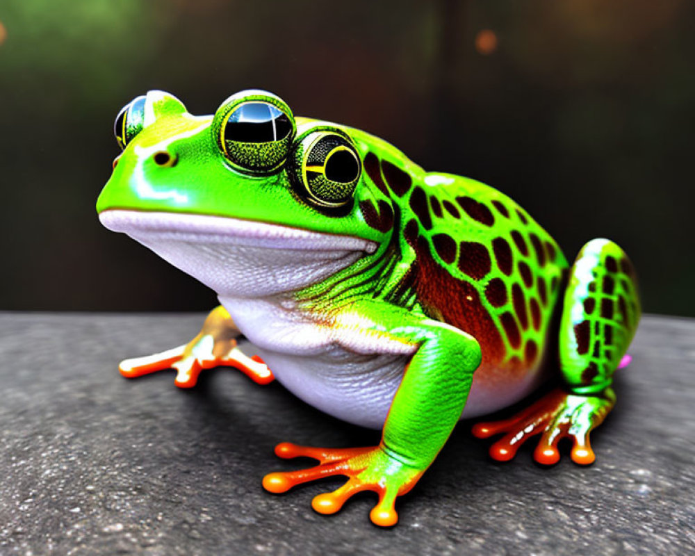 Vibrant computer-generated image of green frog with reflective eyes on gray surface