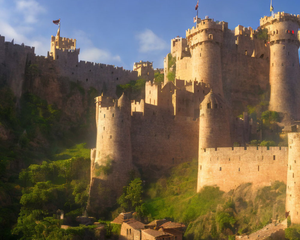 Medieval castle with stone walls and turrets in golden sunlight.