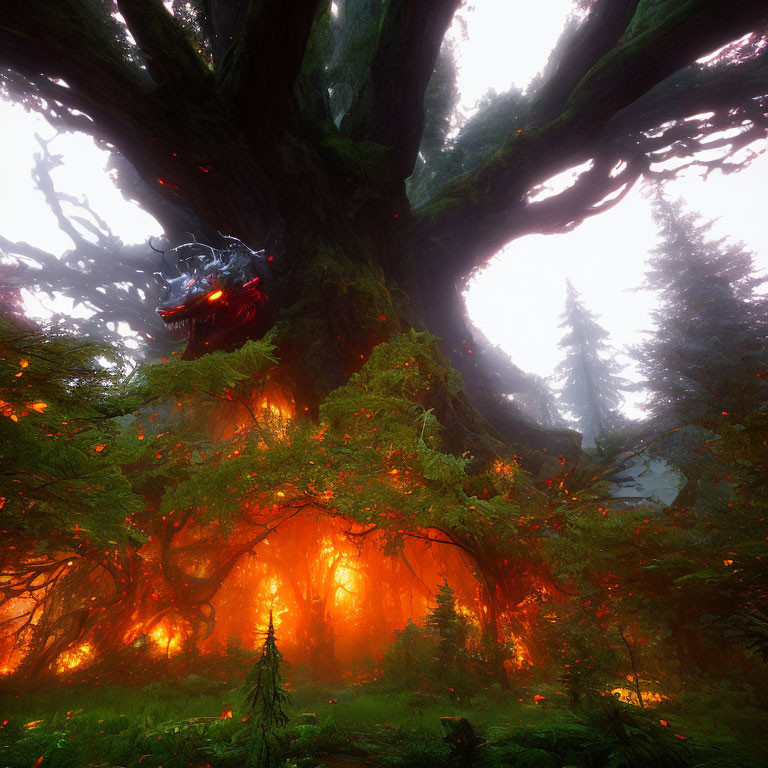 Ancient twisting tree with intricate branches in misty forest