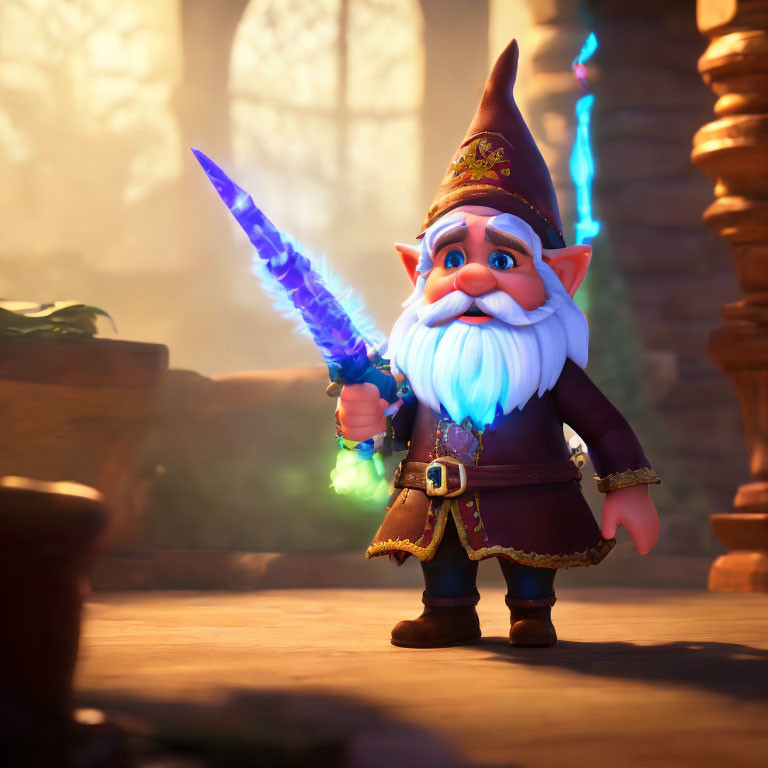 Fantasy gnome warrior in 3D with white beard, crystal sword