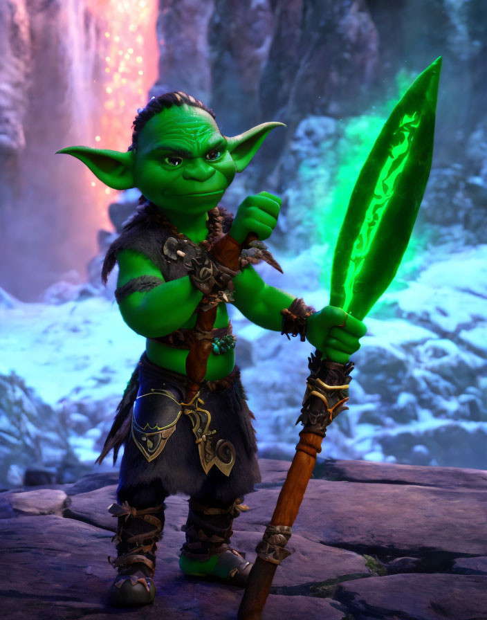 Green goblin with luminescent sword by icy waterfall