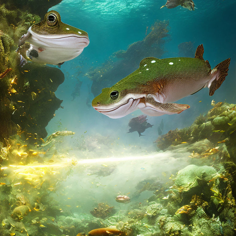 Speckled fish swimming in underwater vegetation with sunlight filtering through.