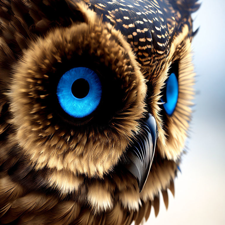 Detailed Close-Up of Owl with Striking Blue Eyes & Brown Feathers