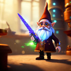 Fantasy gnome warrior in 3D with white beard, crystal sword