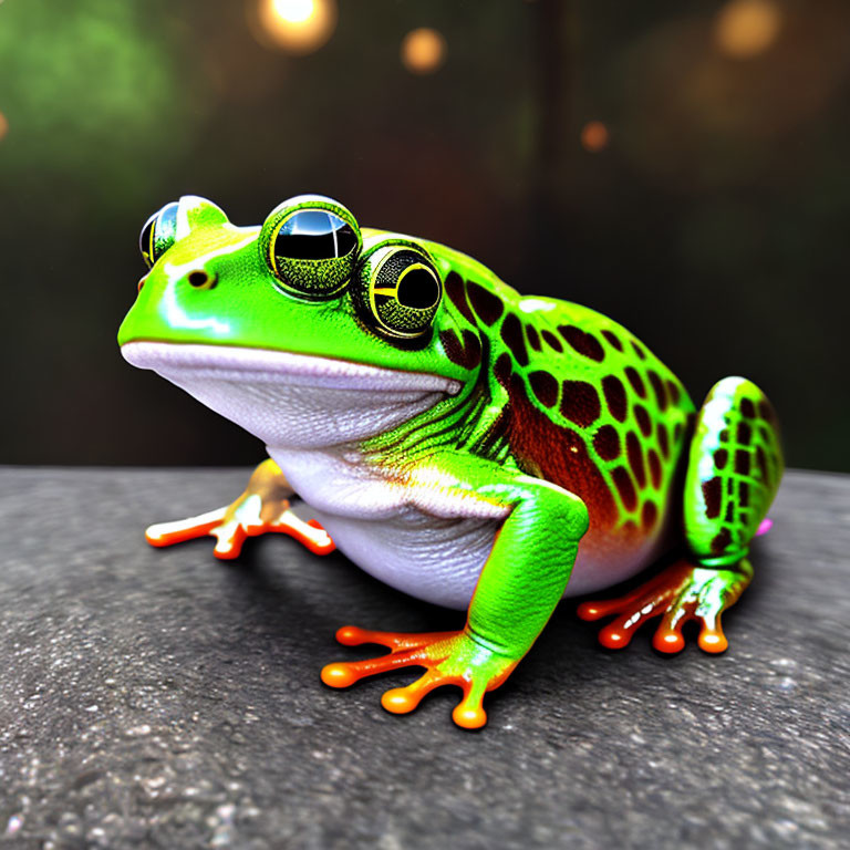 Vibrant computer-generated image of green frog with reflective eyes on gray surface