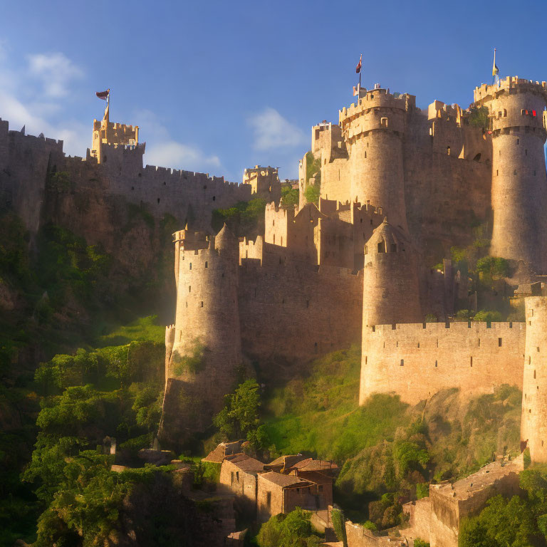 Medieval castle with stone walls and turrets in golden sunlight.