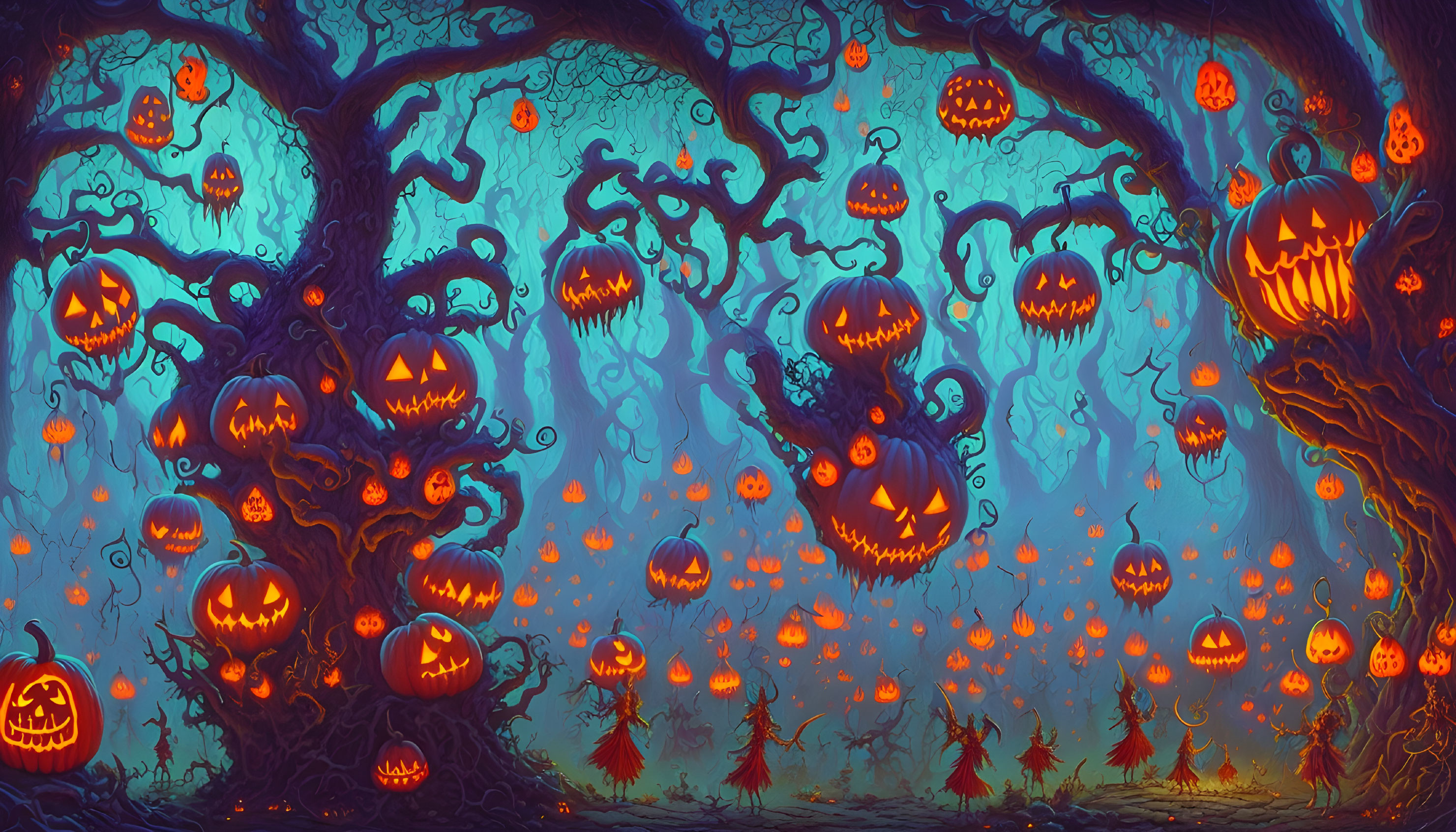 Spooky Halloween forest with twisted trees and ghostly figures