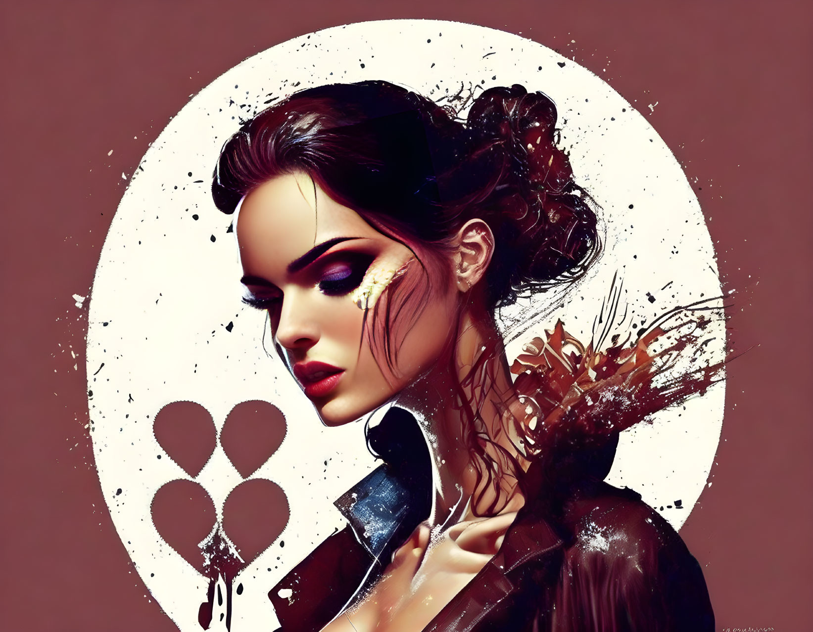 Detailed illustration of woman with elaborate makeup and stylish updo against abstract circular backdrop