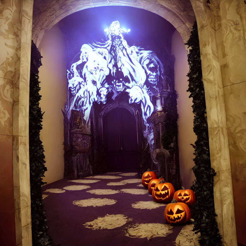 Eerie hallway with ghostly mural, purple light, jack-o'-lanterns, dark door