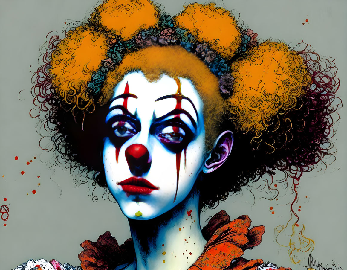 Colorful Clown Makeup and Curly Orange Hair Illustration