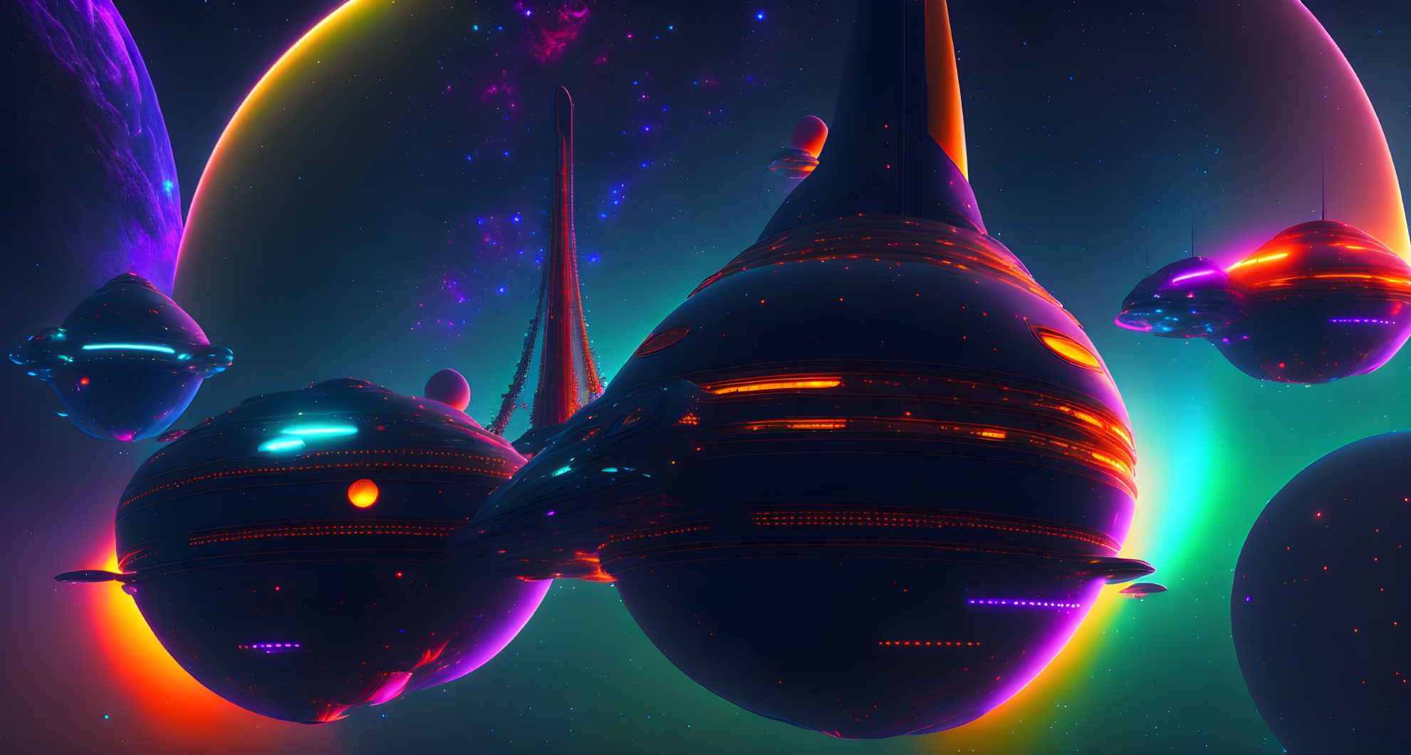 Futuristic spacecrafts in vibrant sci-fi space scene