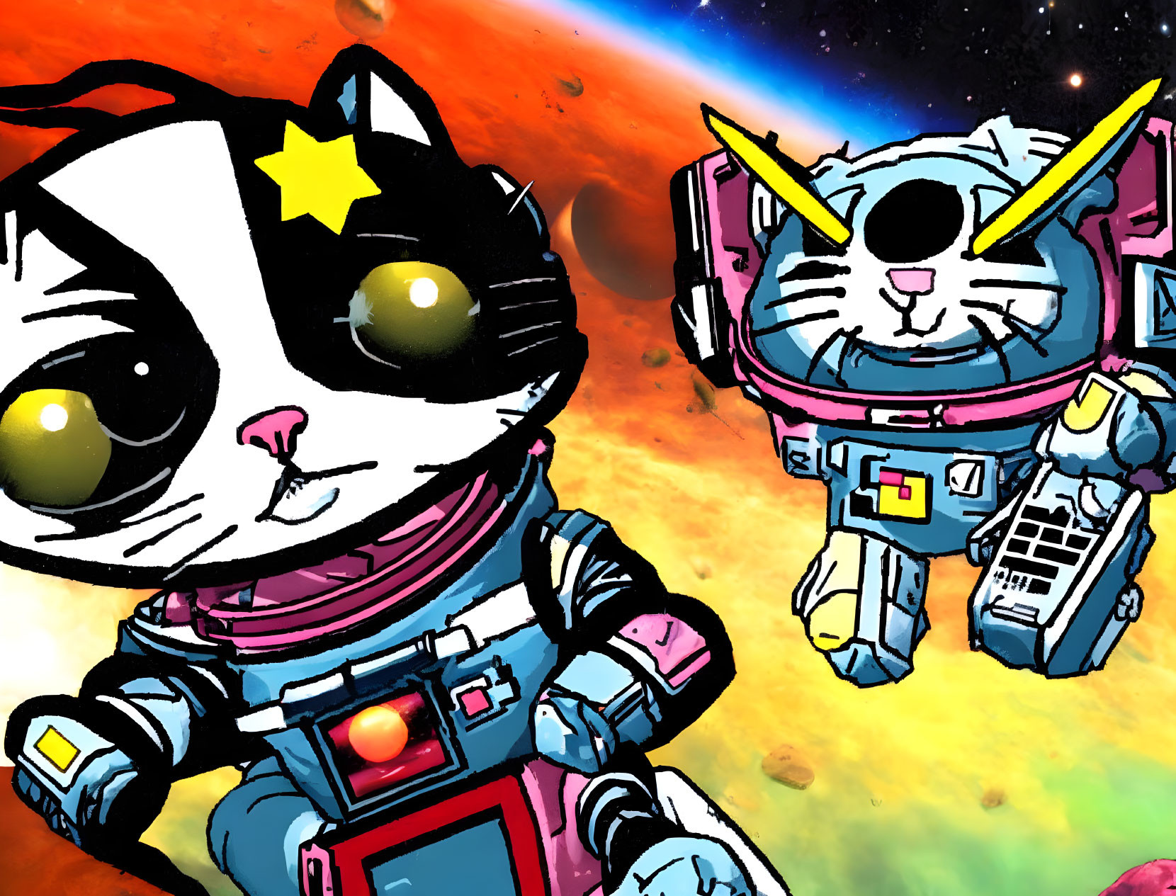 Cartoon cats in astronaut attire in space scene