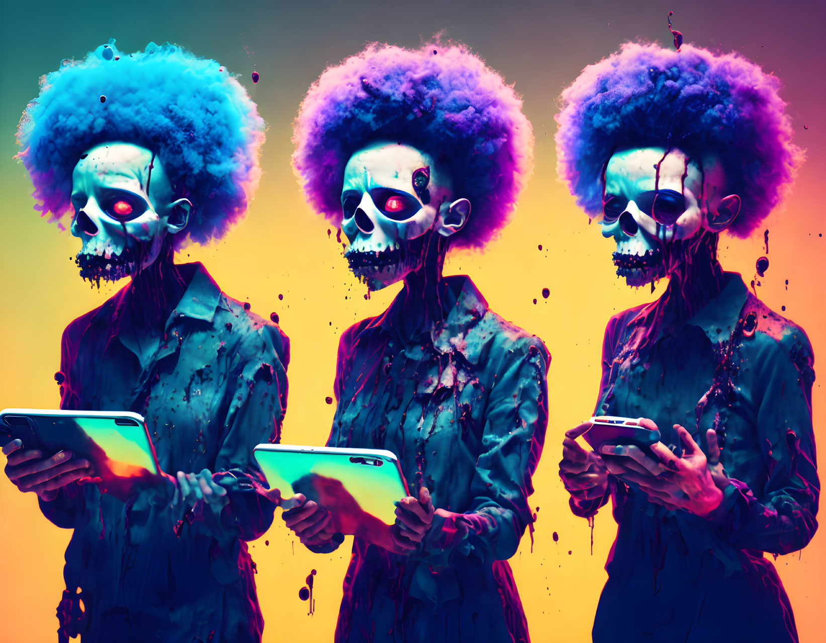 Stylized skull-faced figures in suits with blue afros using digital devices