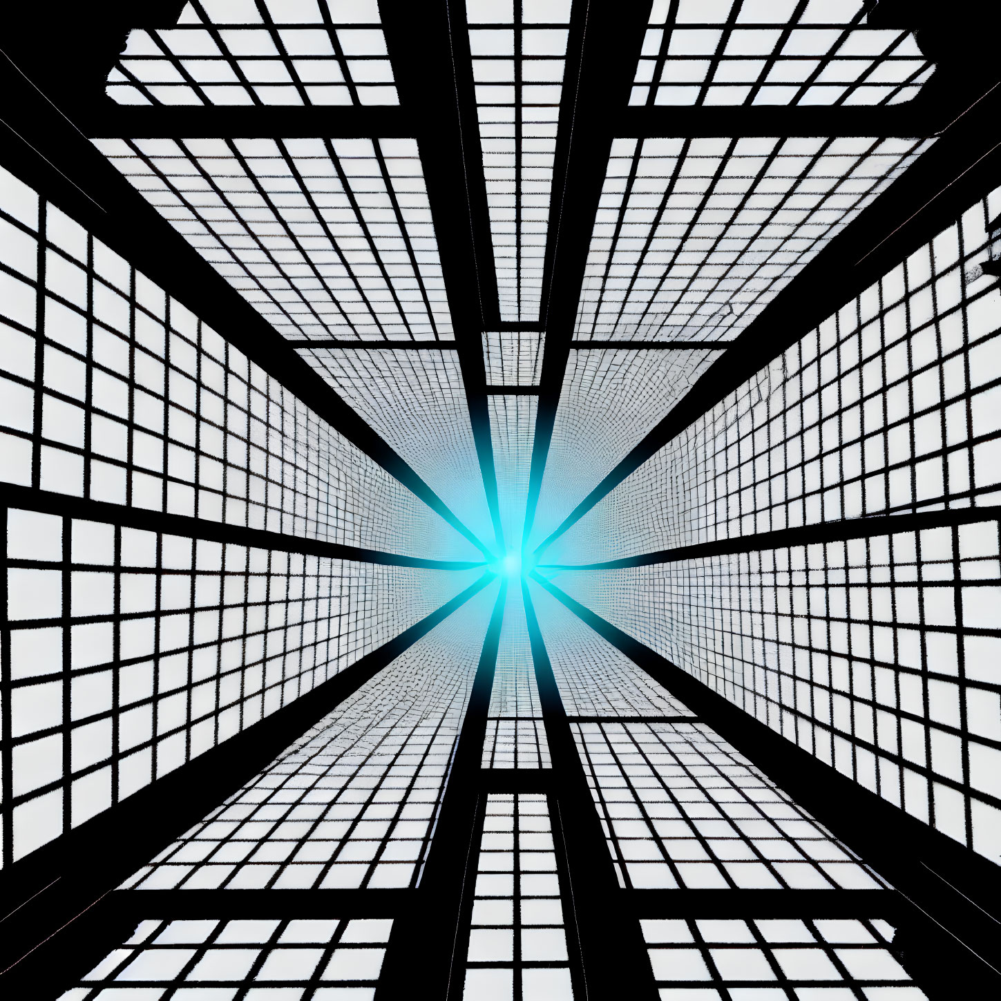 Geometric Tunnel with Bright Light and Grid Pattern on White Background