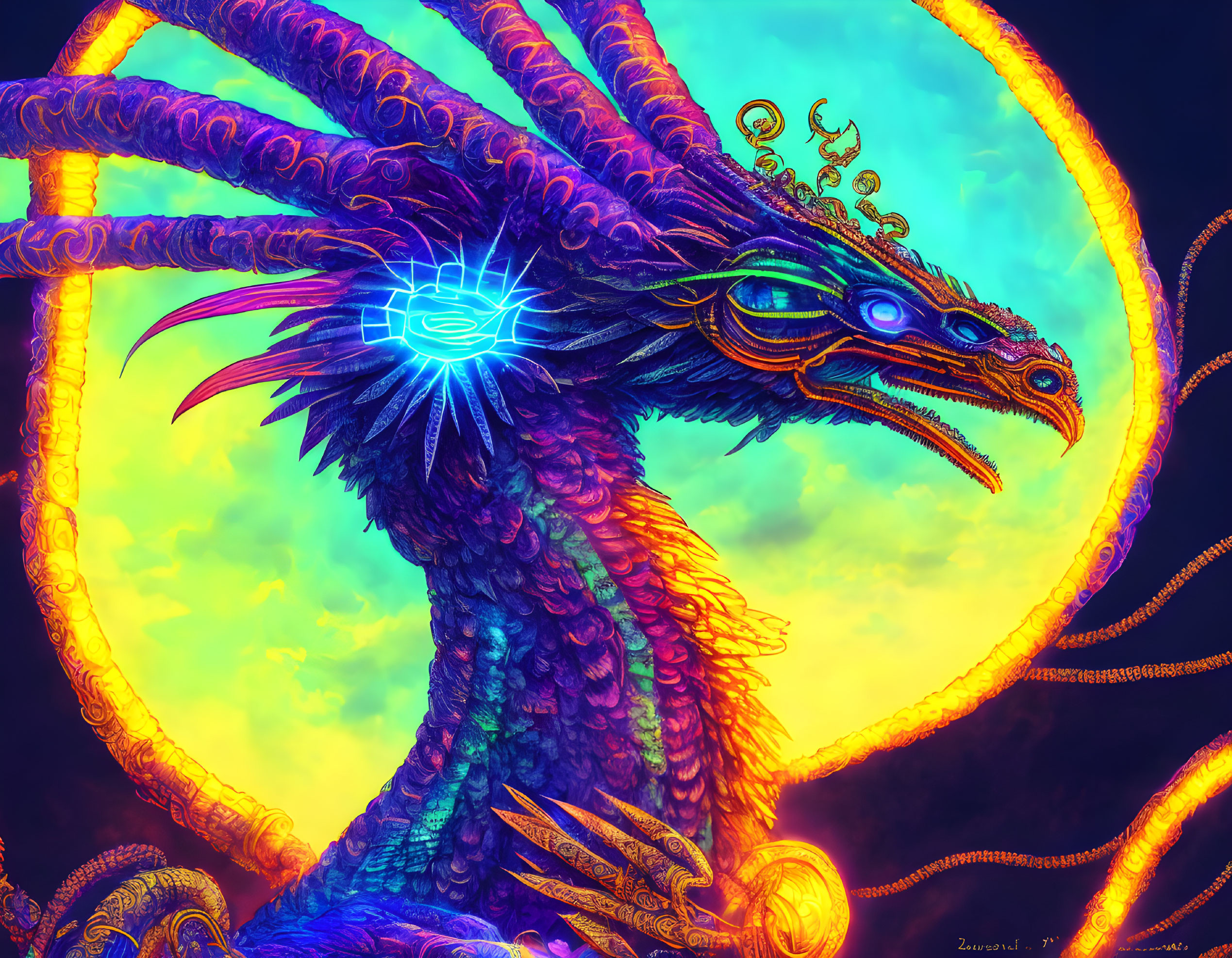 Mythical dragon digital artwork with glowing blue eyes