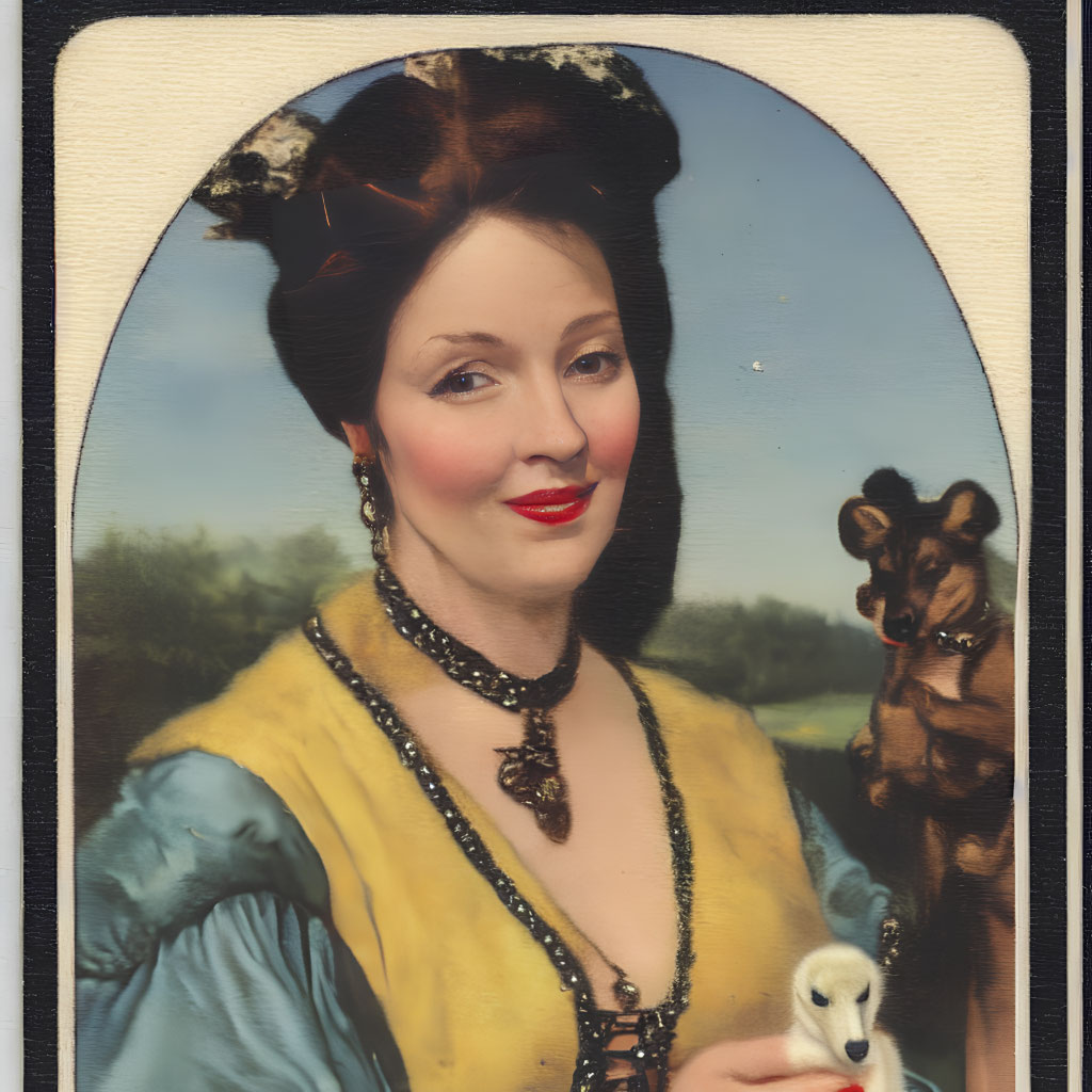 Smiling woman in updo hairstyle with dogs and necklace portrait