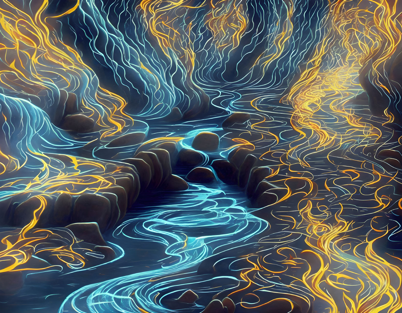 Surreal digital art: Blue rivers, orange and yellow outlines