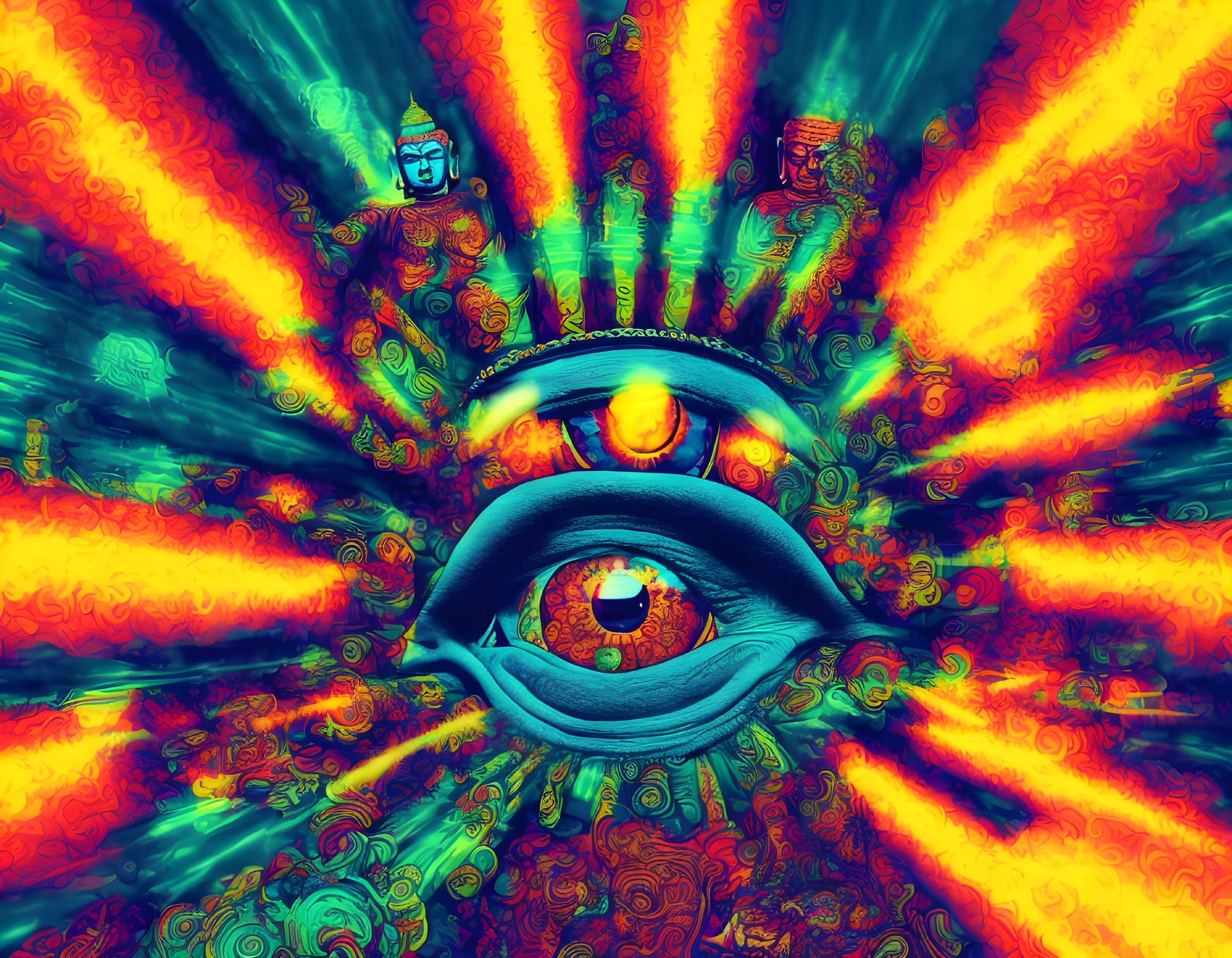 Colorful psychedelic eye with sun-like pupil and Buddha figures