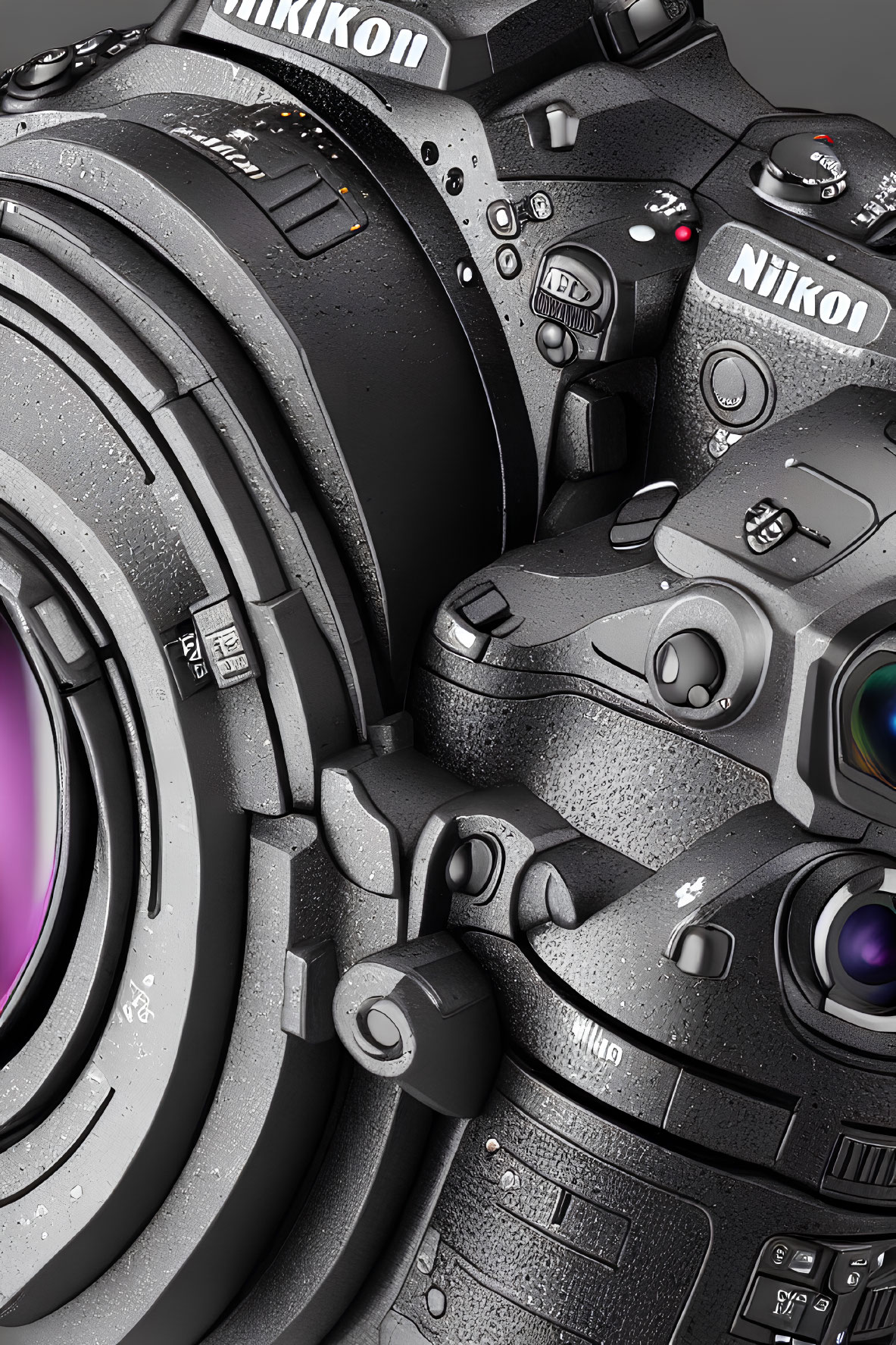 Detailed view of wet Nikon DSLR camera with water droplets on lens and buttons