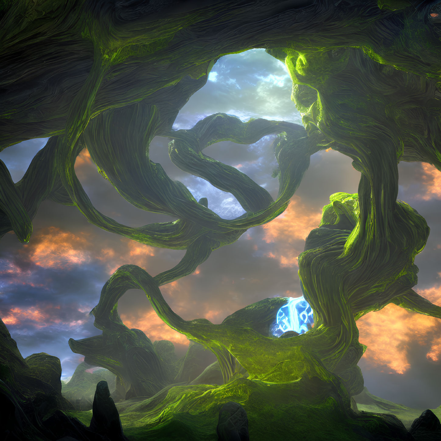 Fantastical landscape with glowing green roots against vibrant sky