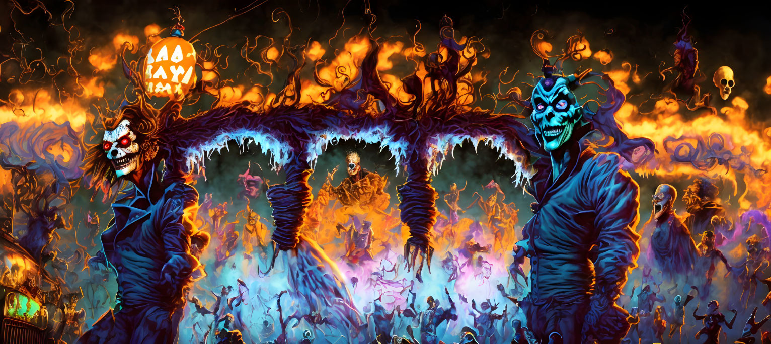 Eerie Halloween-themed illustration with clown-like figures, dancing skeletons, and festive creatures under fiery sky