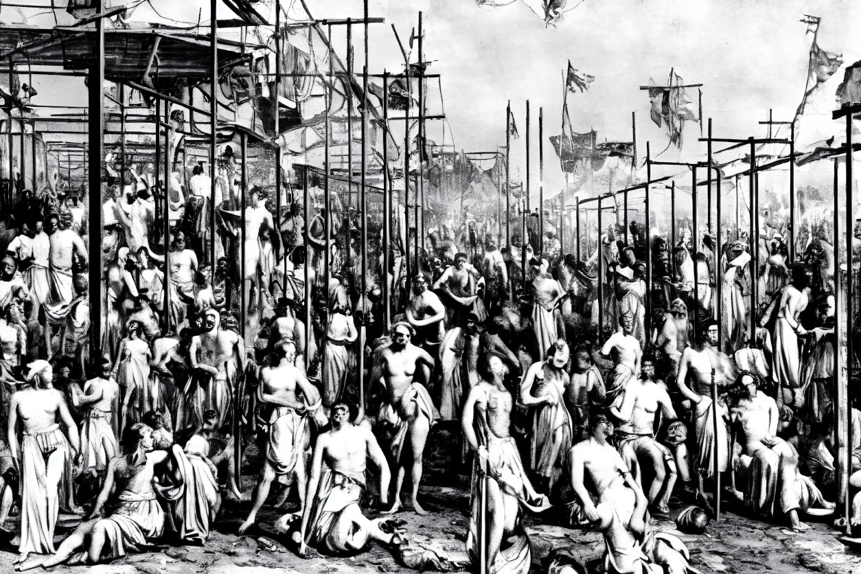 Detailed black-and-white historical scene with bustling figures and scaffolding.