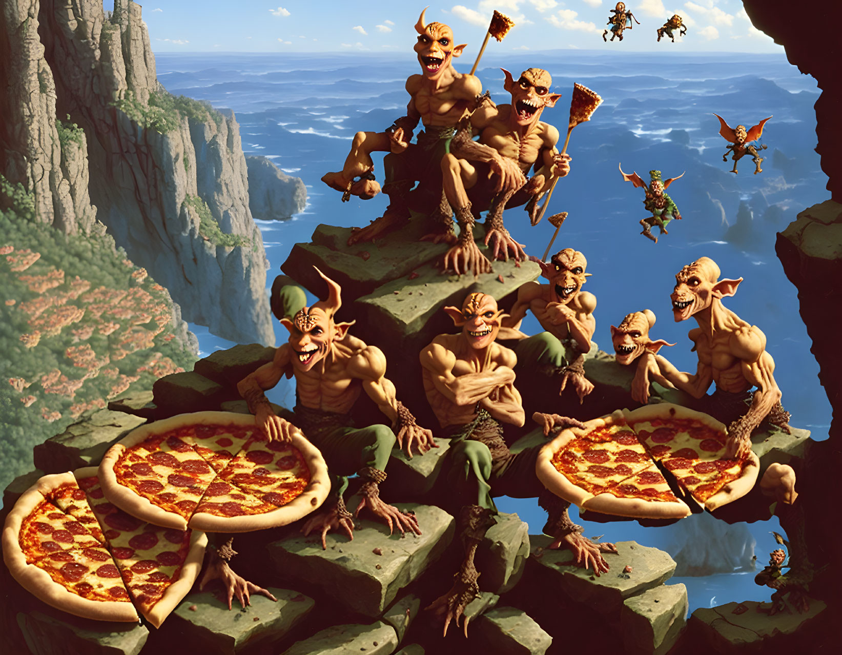 Colorful goblins enjoying pizza on cliffside with castle and flying companions.