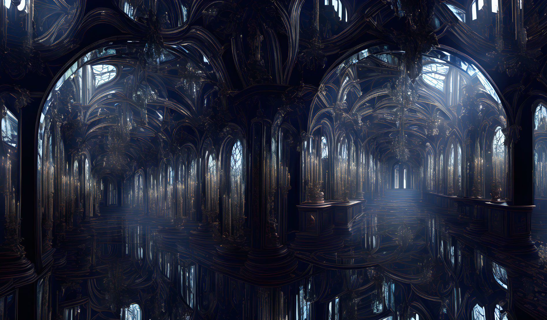 Elaborate Gothic Cathedral Interior with Reflective Floor