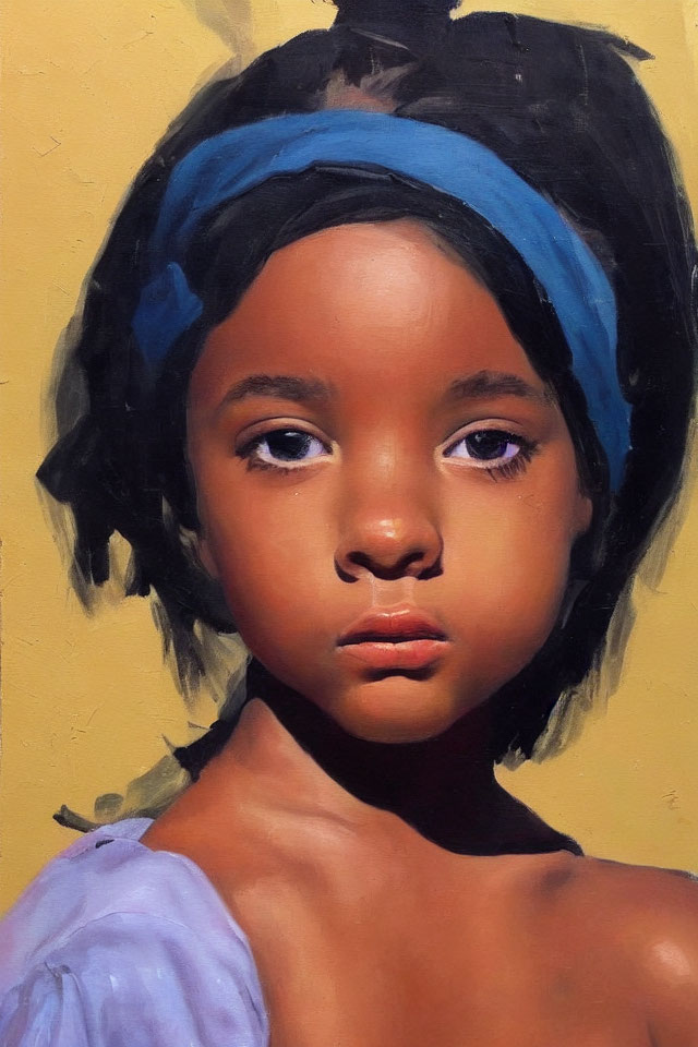 Young girl painting with solemn expression, blue headband, off-the-shoulder top, yellow background