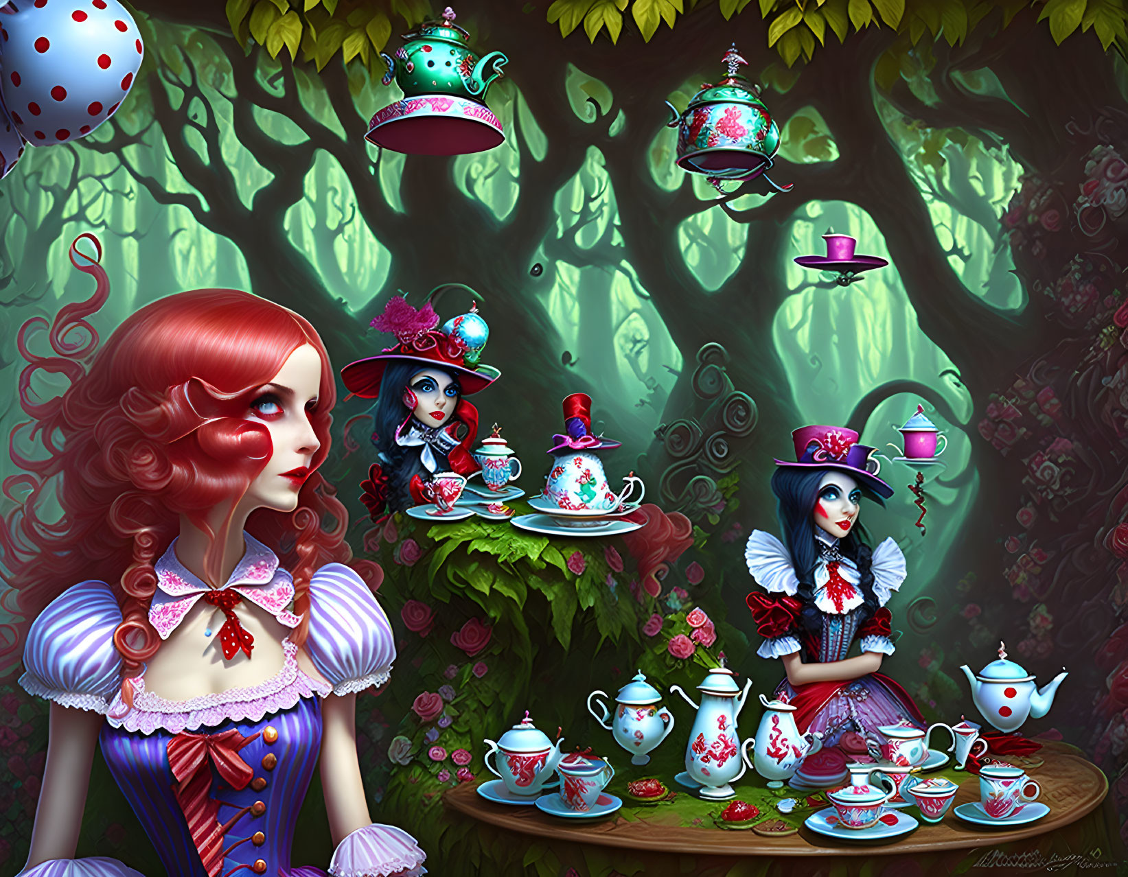 Fantastical forest scene with whimsical women in Alice in Wonderland costumes