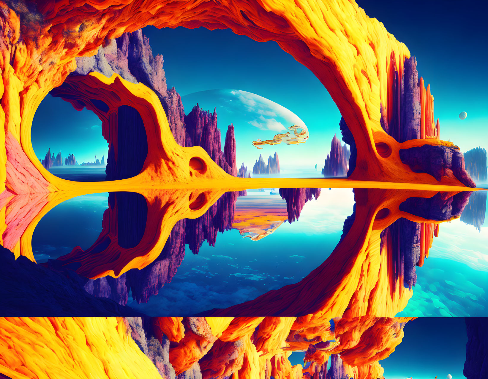 Alien landscape with reflective water and orange rock formations