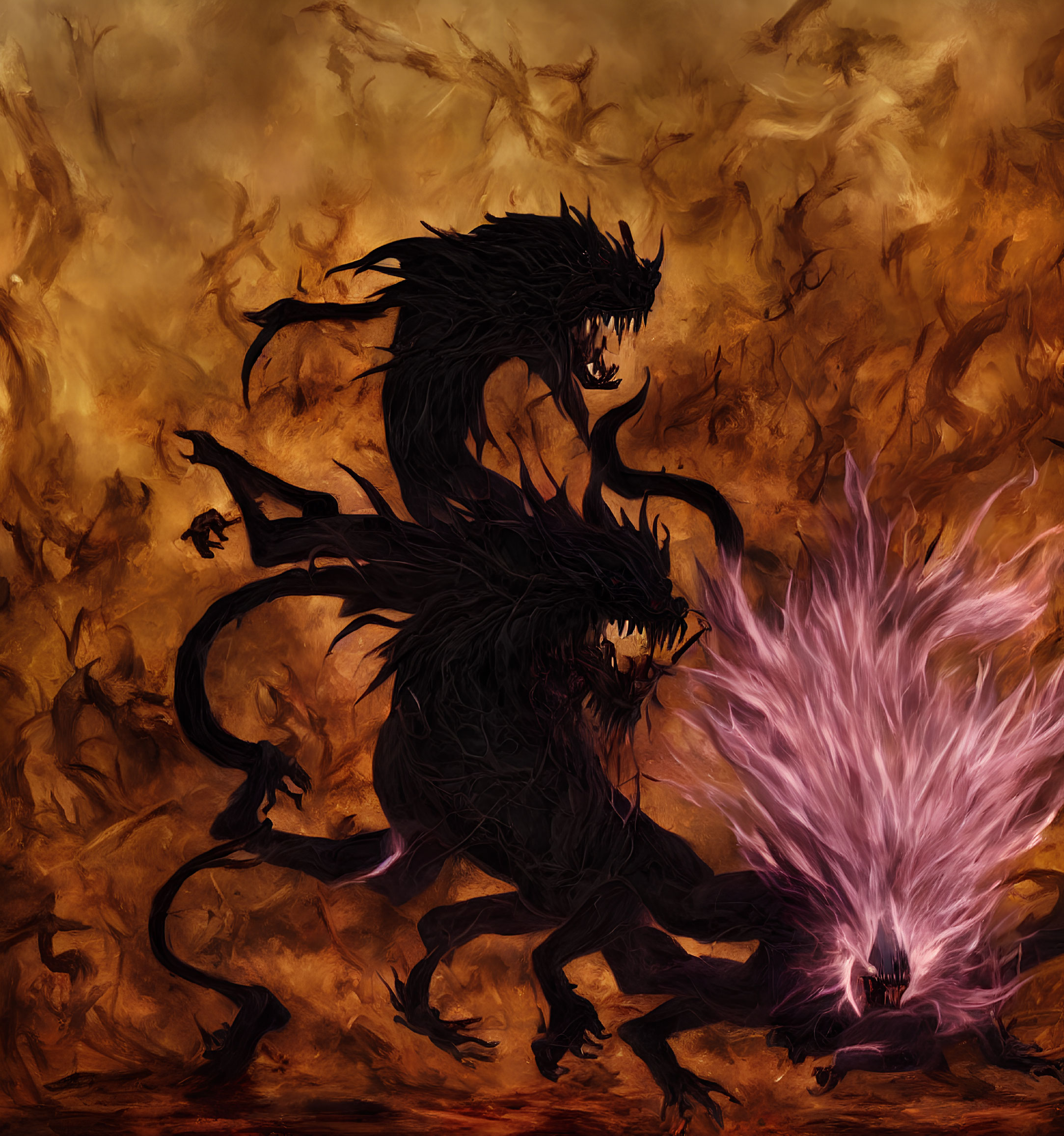 Black multi-limbed creature with open maw and fiery background