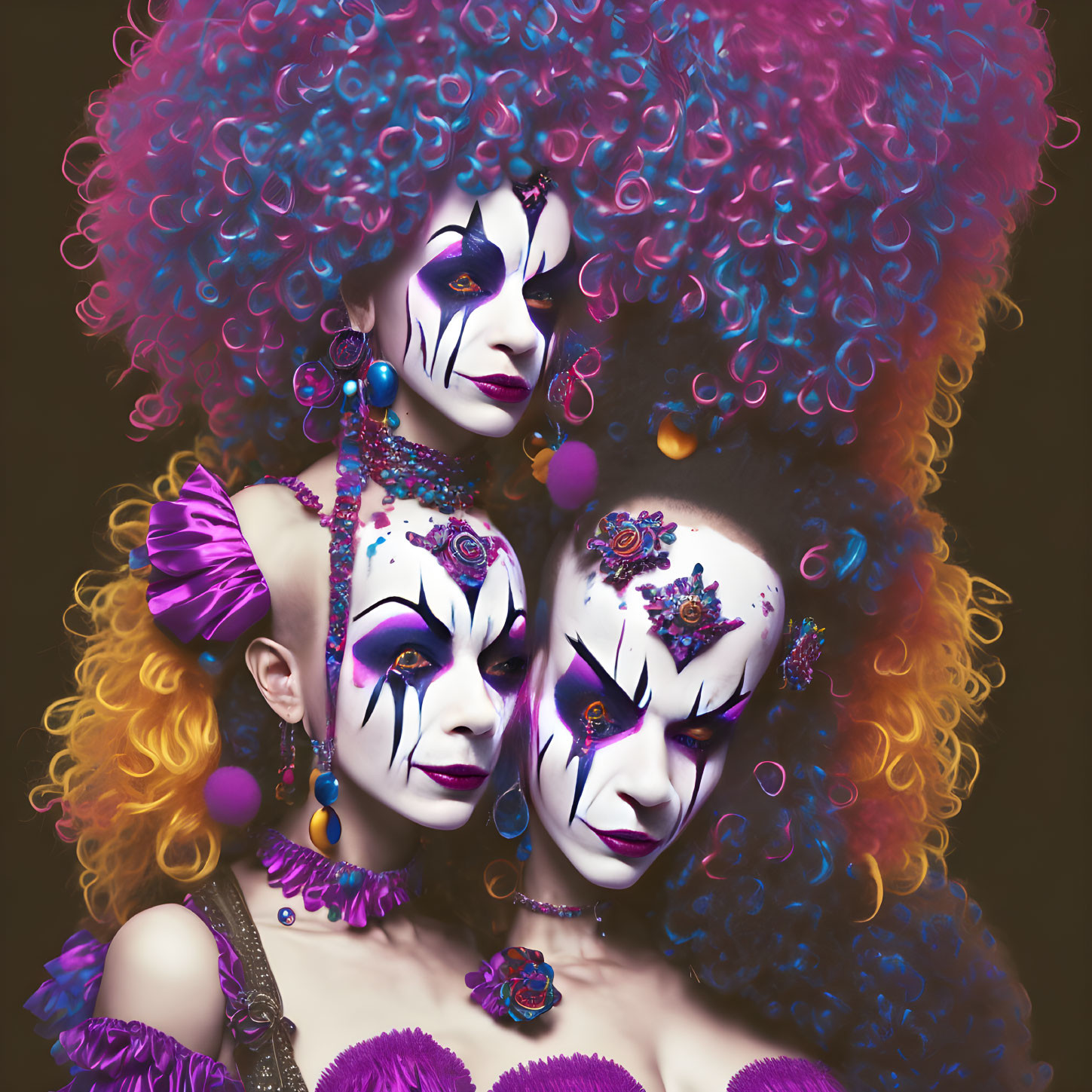 Three individuals with purple and white face paint, curly hair, and ornate jewelry on dark backdrop