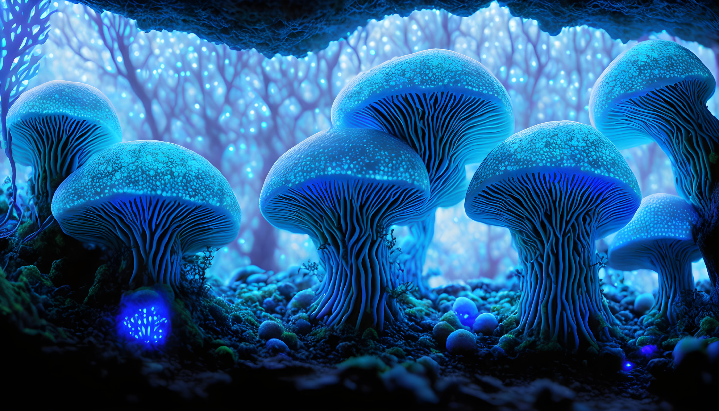 Magical forest scene with bioluminescent mushrooms