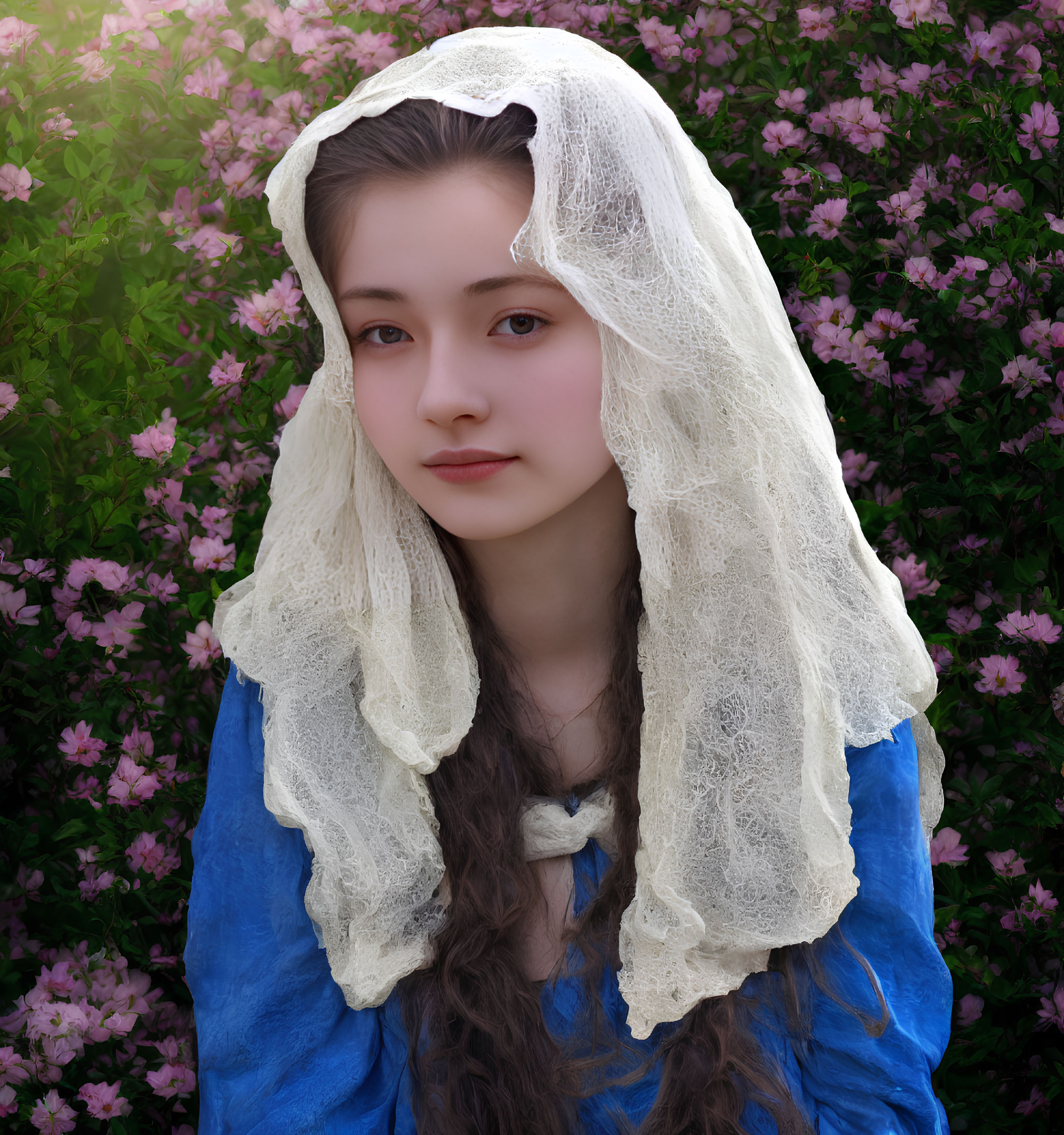 Woman in Blue Dress with Lace Veil and Pink Flower Backdrop