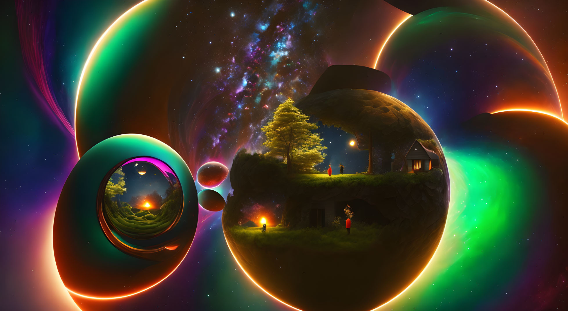 Colorful cosmic landscape with floating planetoid house and tree.