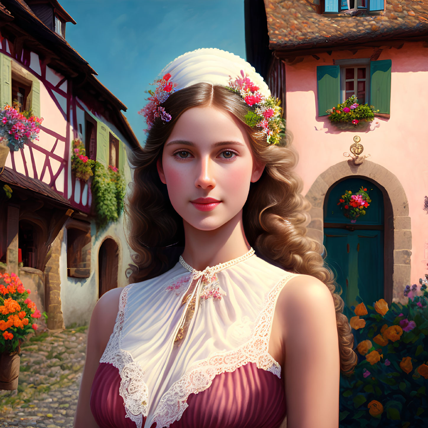 Digital painting of young woman in flower crown and vintage dress against European-style houses and vibrant flowers