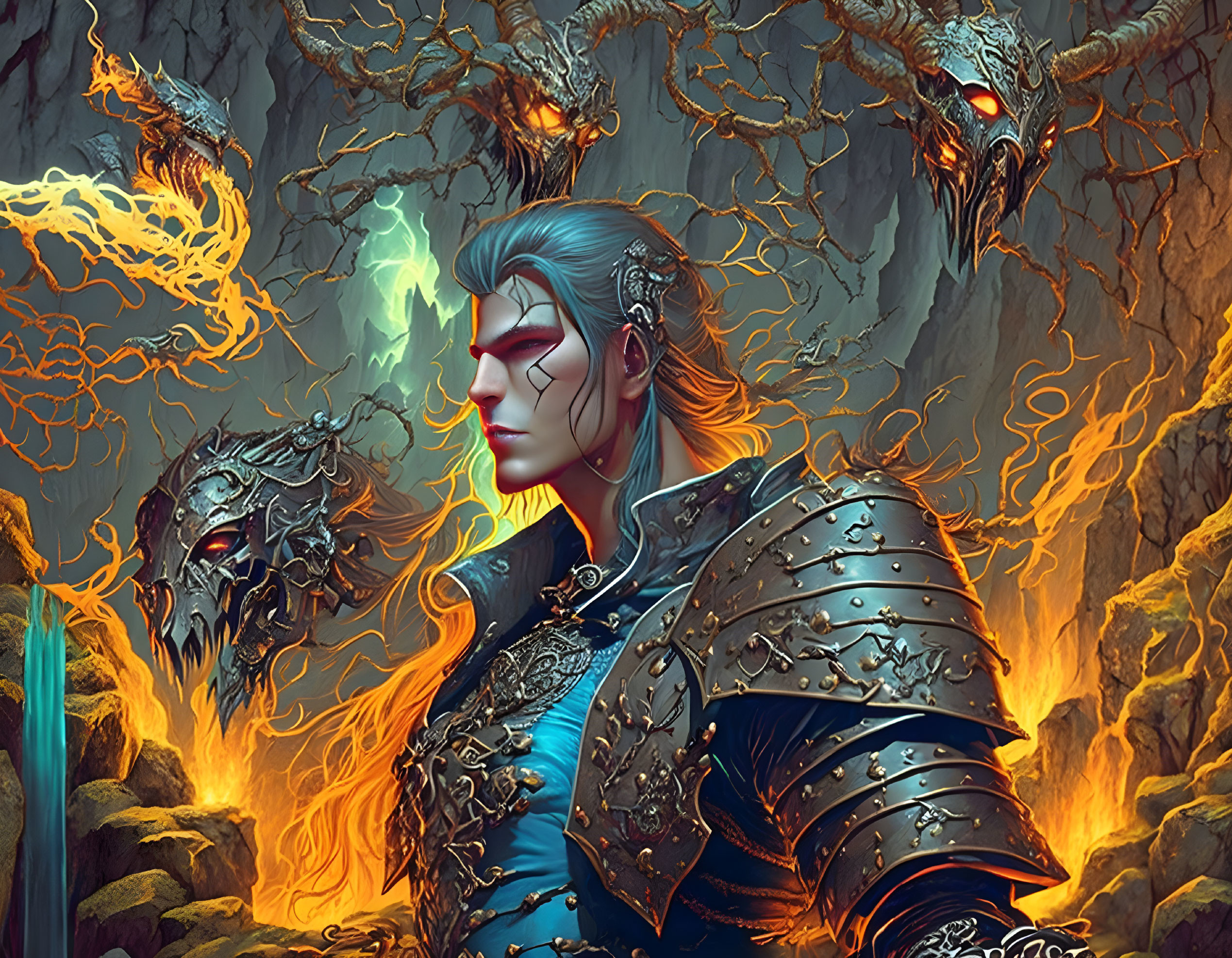 Blue-skinned armored elf with fiery birds and glowing helmet in fiery setting