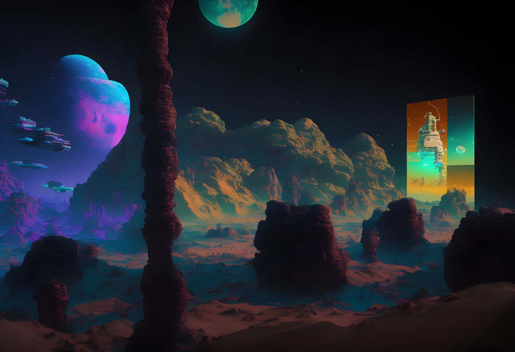 Surreal extraterrestrial landscape with rock formations, alien flora, and dual moons