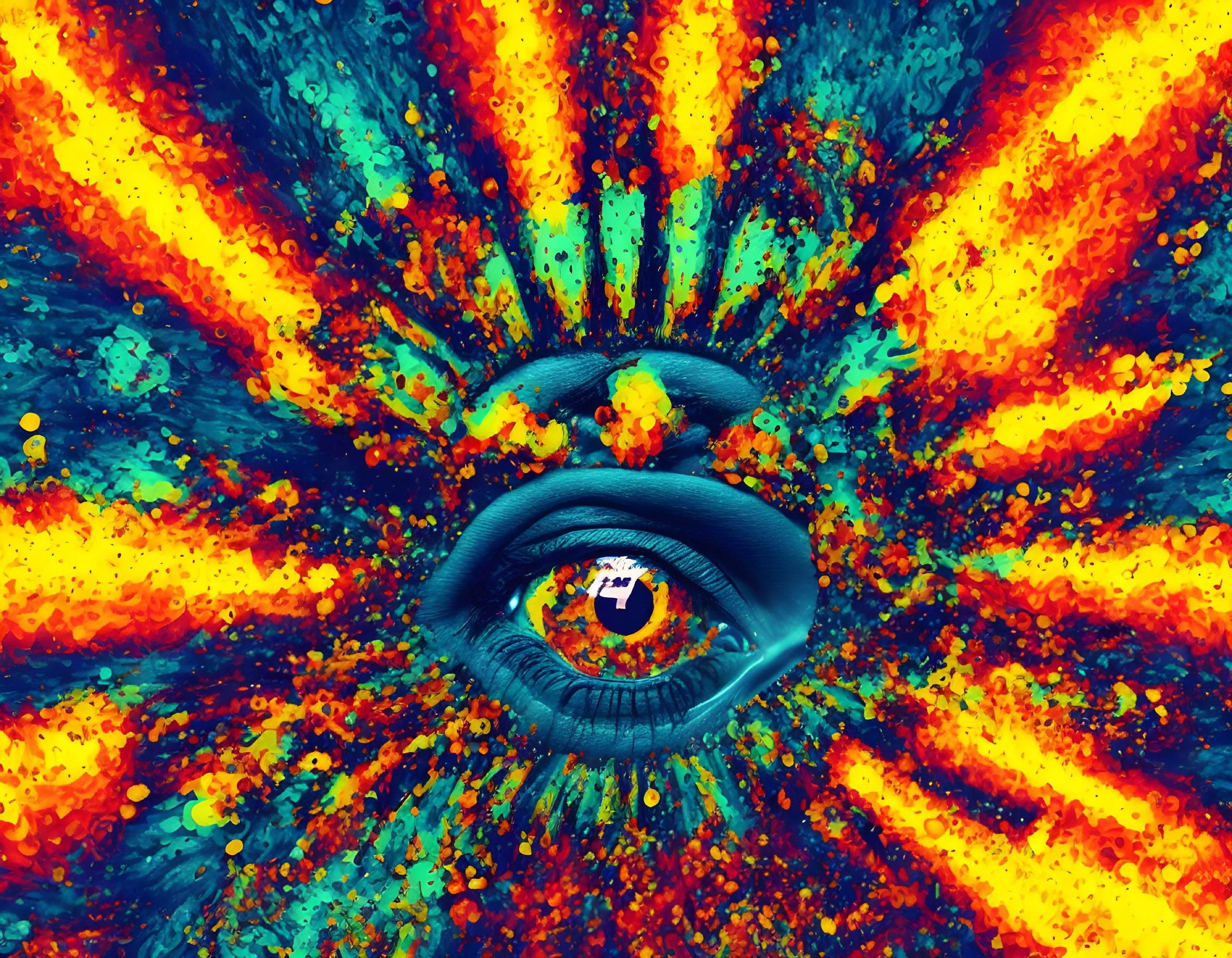 Vibrant surreal eye in fiery colors and paint splatters